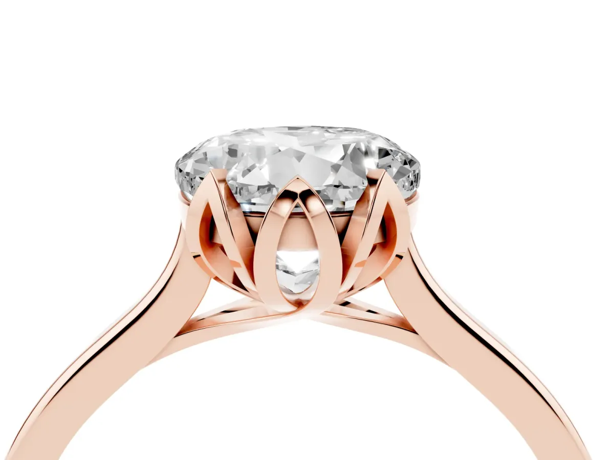 Round Cut Diamond Solitaire Ring with Flower Prong Setting and Classic Band Rose gold