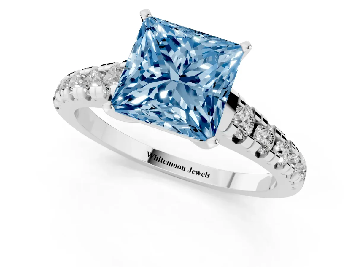 Fancy Blue Princess Cut Diamond Cathedral Solitaire Ring with Round Pavé Band Silver