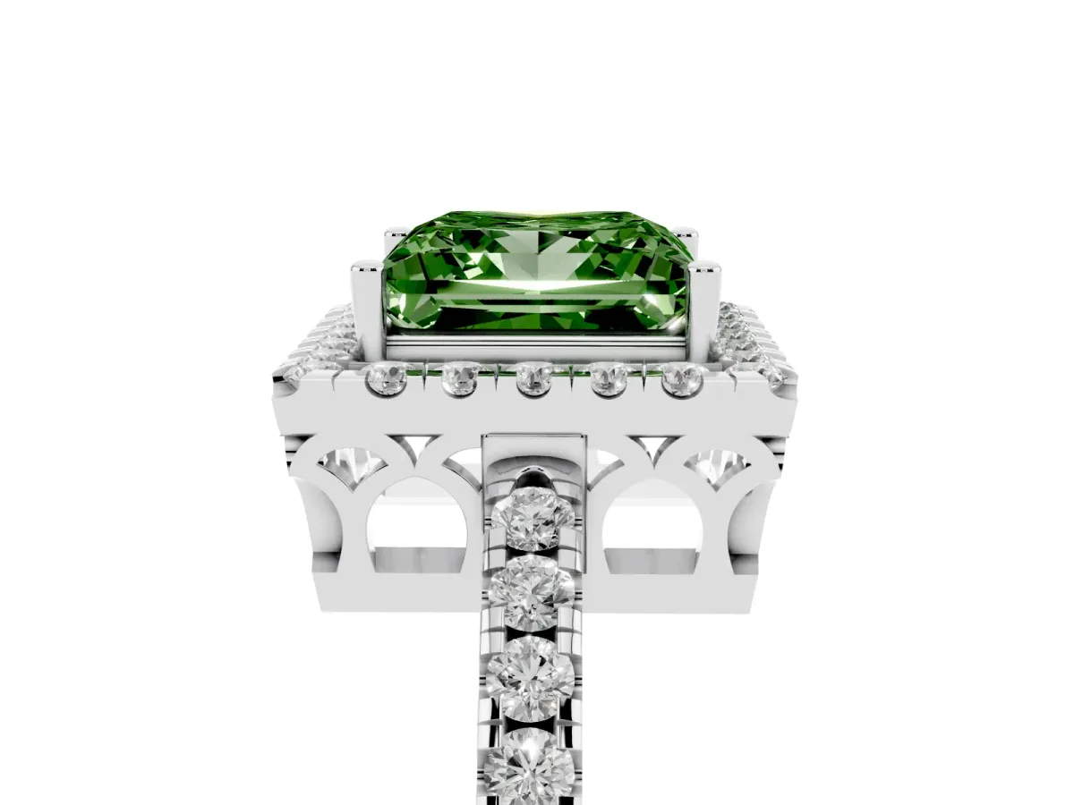 Fancy Green Princess Cut Halo Diamond Engagement Ring with Pavé Band and Four-Prong Setting Platinum