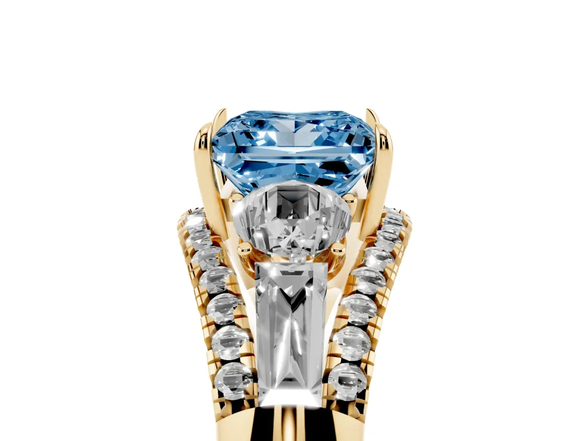 Fancy Blue Three-Stone Princess Cut Diamond Engagement Ring with Pave Band and Prong Setting Yellow gold