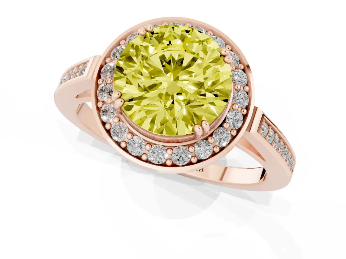 Fancy Yellow Round Cut Diamond Halo Ring with Split Shank and Four-Prong Setting Rose gold