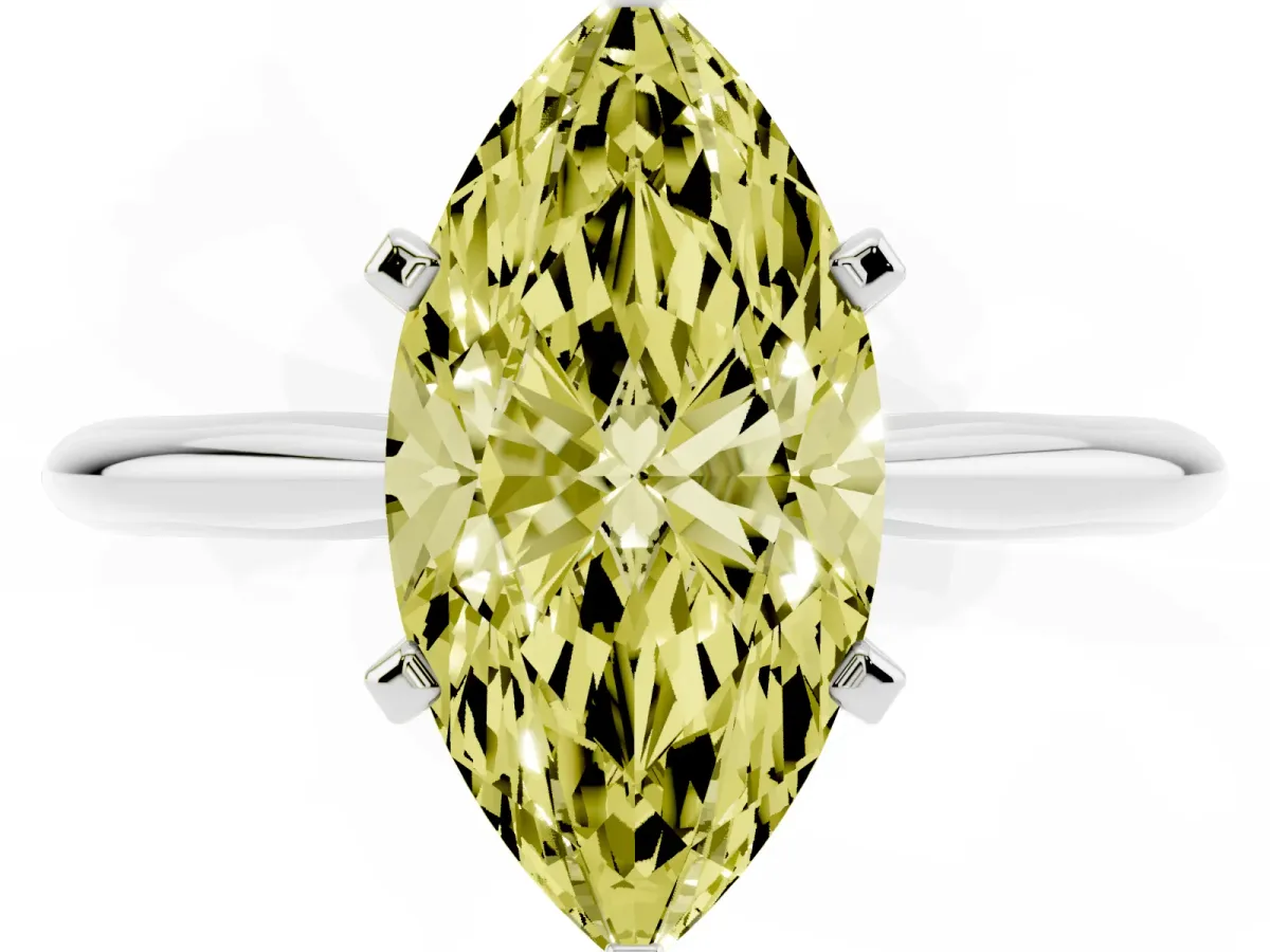 Fancy Yellow Marquise Cut Cut Solitaire Ring with Four-Prong Setting on a Classic Band Platinum