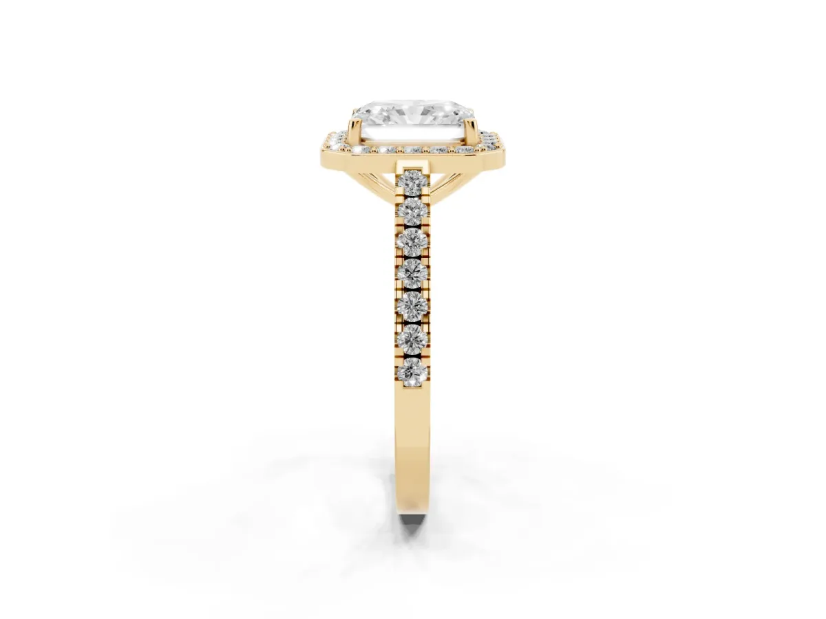 Radiant Cut Diamond Halo Ring with Round Pavé Split Shank and Prong Setting Yellow gold