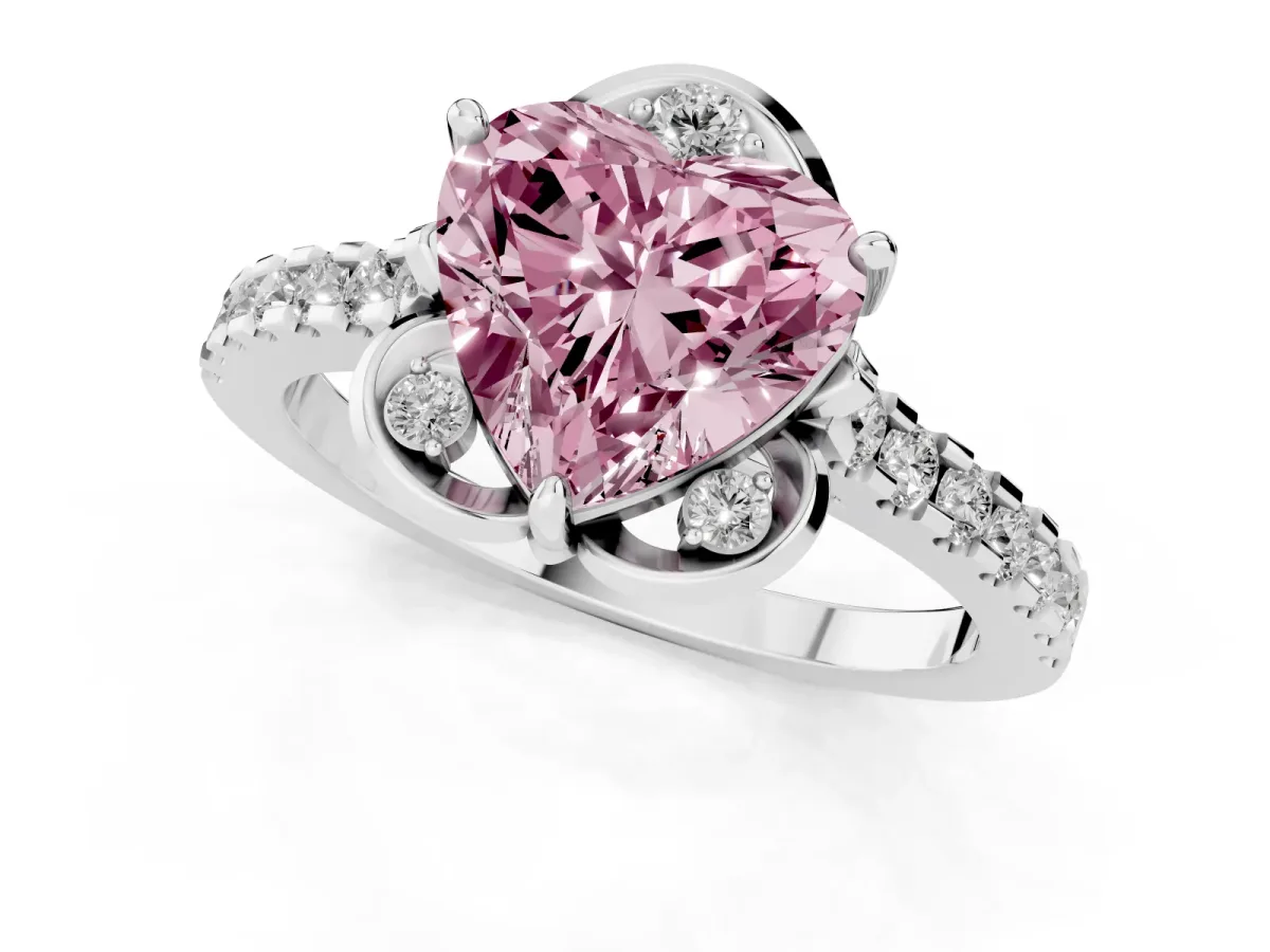 Fancy Pink Heart Cut Diamond Ring with Pavé Band and Floral Prong Setting Platinum