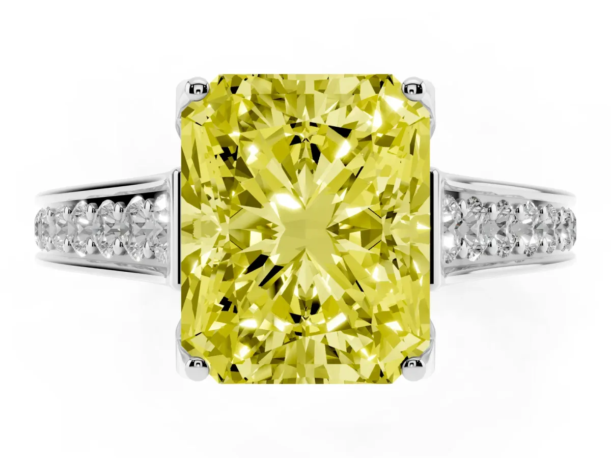 Fancy Yellow Radiant Cut Brilliant Cut Diamond Engagement Ring with Pavé Band and Four-Prong Setting White gold