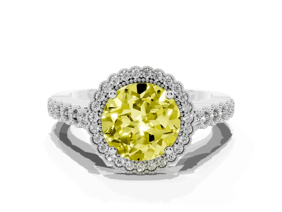 Fancy Yellow Round Cut Cut Halo Pavé Solitaire Ring with Milgrain Band White gold