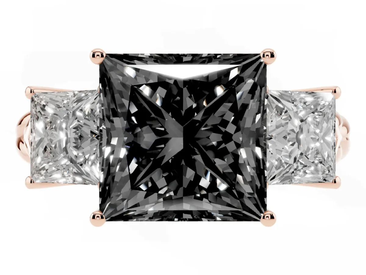 Fancy Black Three-Stone Princess Cut Diamond Braided Band Ring with Four-Prong Setting Rose gold