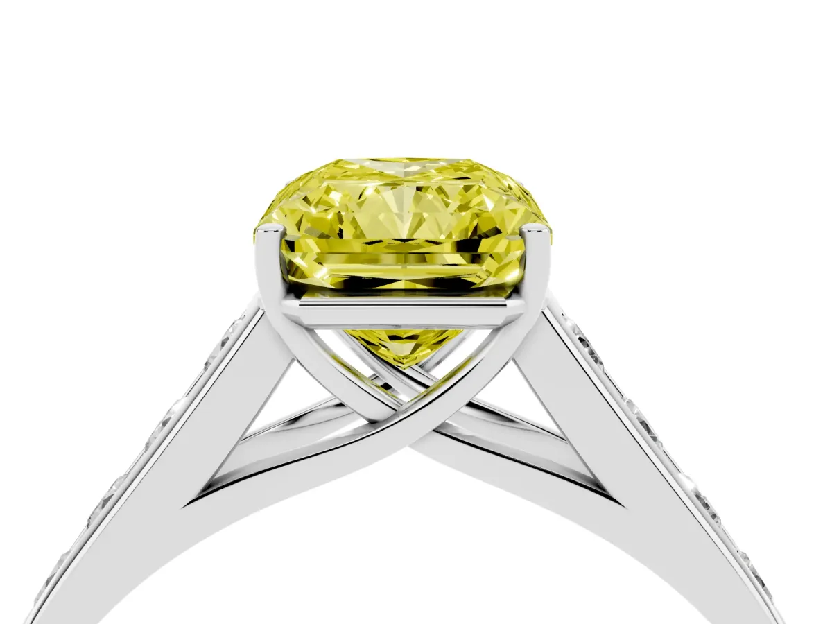 Fancy Yellow Radiant Cut Solitaire Channel-Set Diamond Engagement Ring with Four-Prong Setting Silver