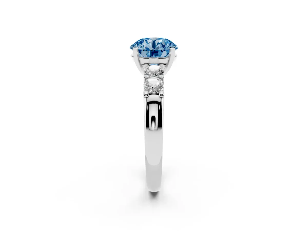 Fancy Blue Round Cut Brilliant Cut Diamond Five-Stone Prong Set Engagement Ring with Channel Band Silver