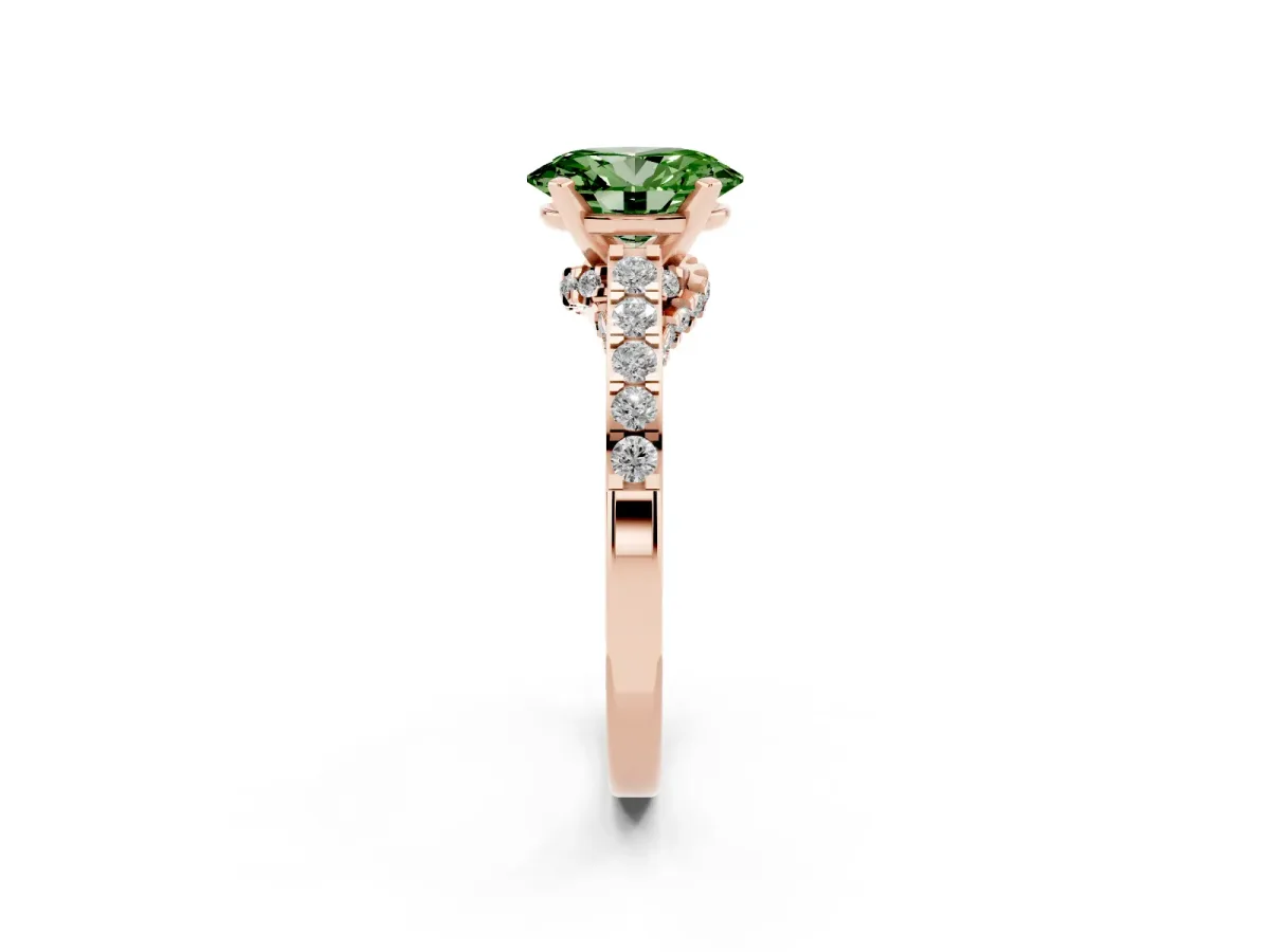Fancy Green Oval Cut Diamond Solitaire Ring with Crossover Gallery and Round Pavé Band Rose gold