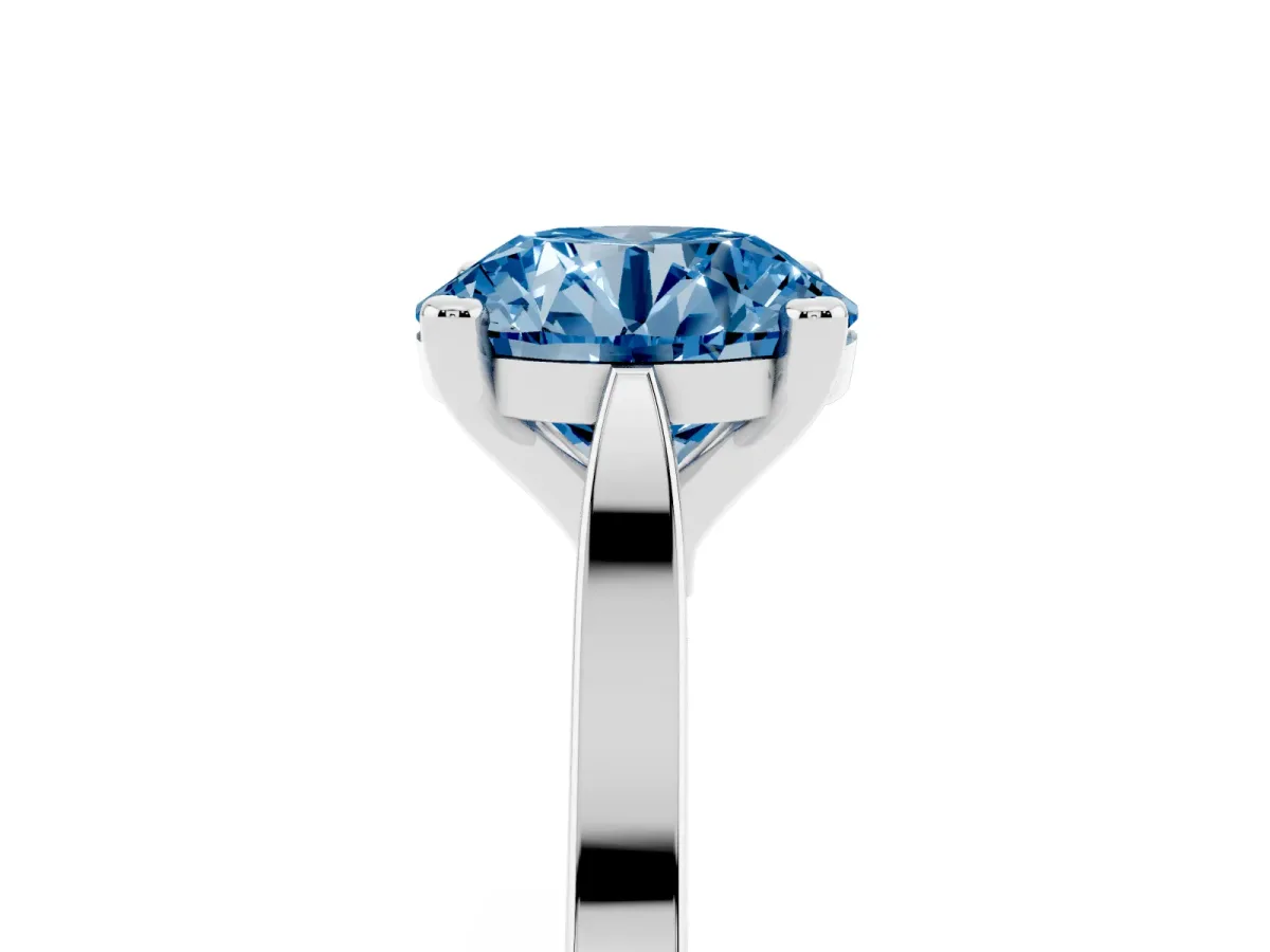 Fancy Blue Round Cut Solitaire Diamond Ring with Four-Prong Setting and Tapered Band Platinum