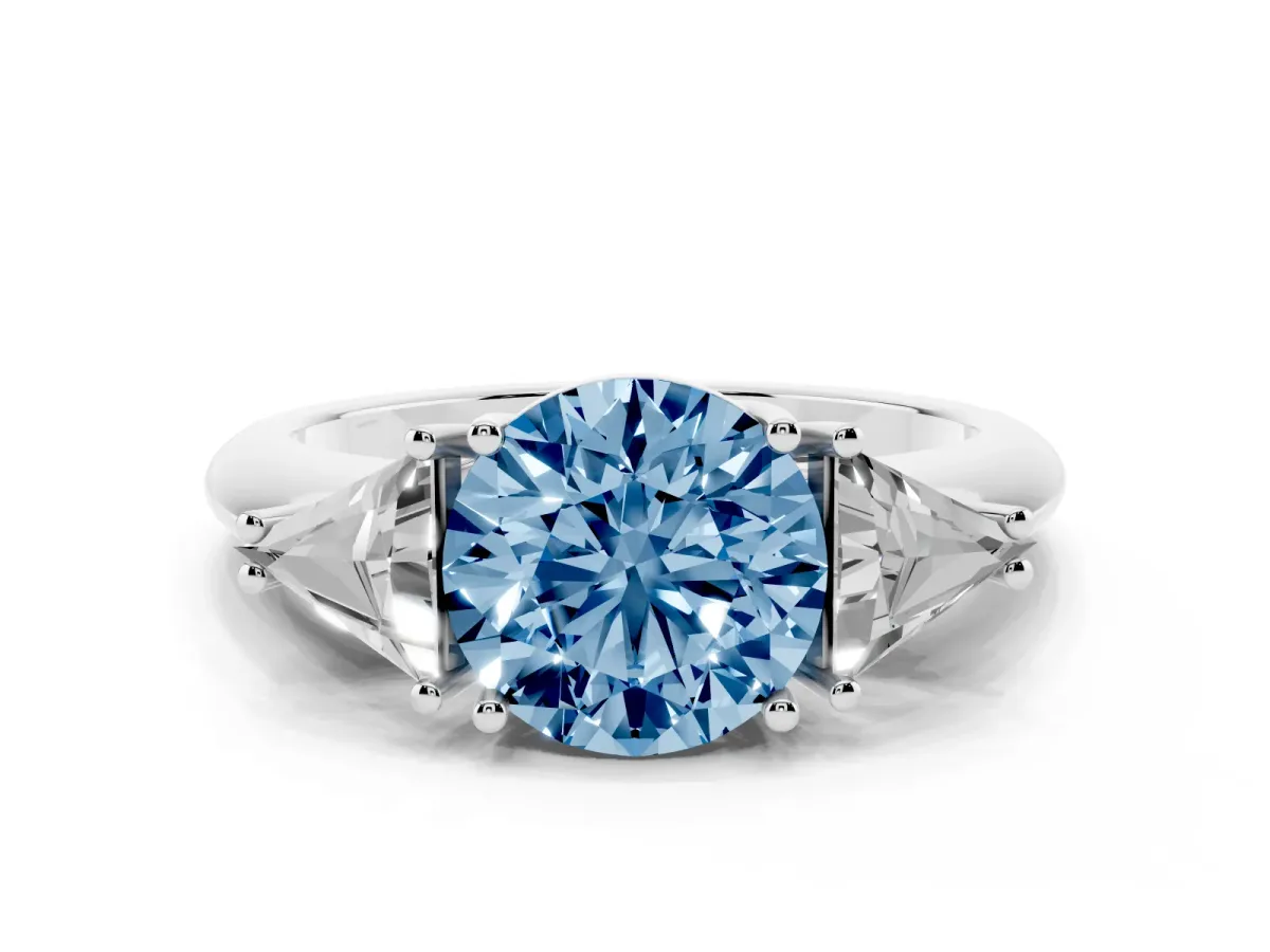 Fancy Blue Three-Stone Round Cut Diamond Engagement Ring with Trillion Side Stones and Prong Setting Silver