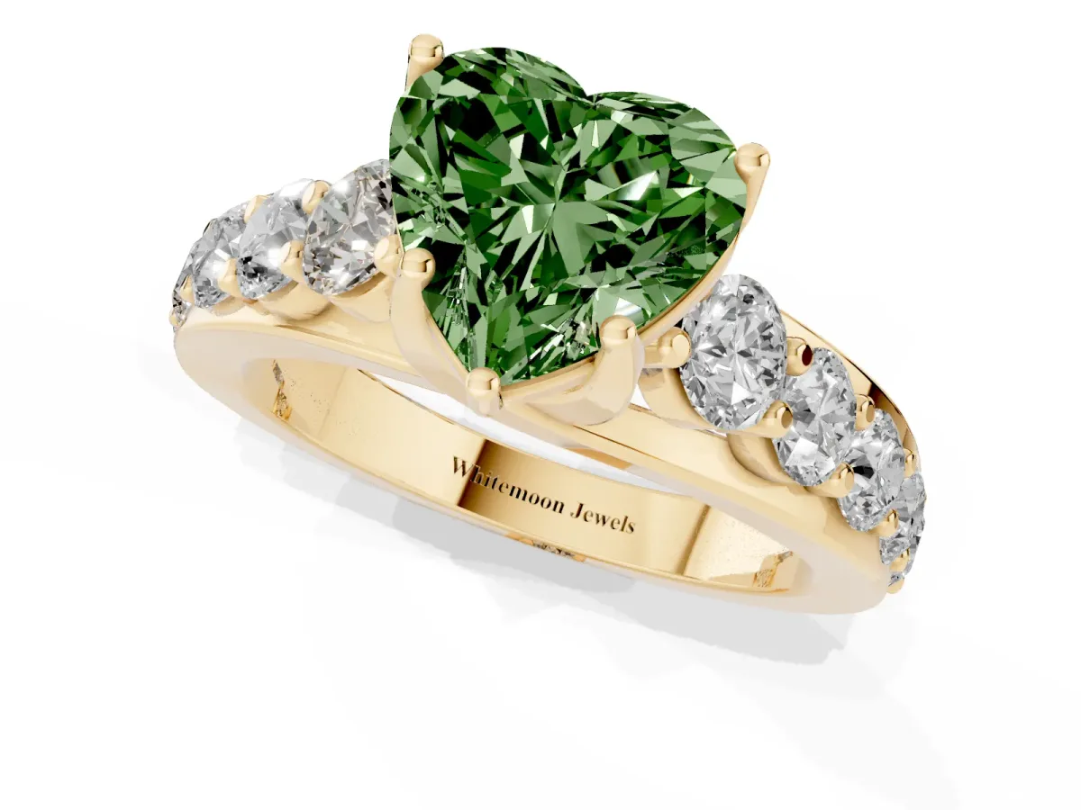 Fancy Green Heart Cut Diamond Engagement Ring with Pavé Band and Four-Prong Setting Yellow gold