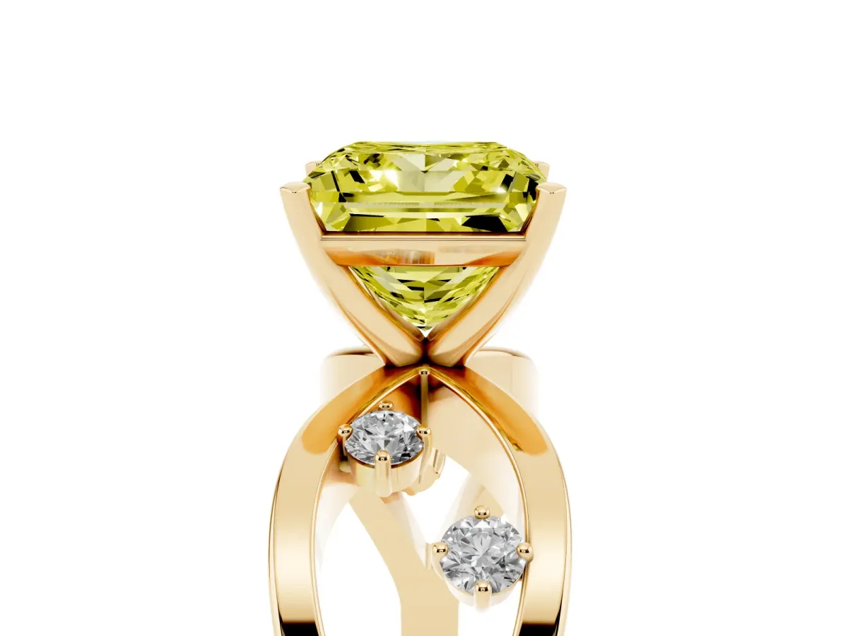 Fancy Yellow Princess Cut Cut Solitaire Diamond with Side Stones on Criss-Cross Band and Four-Prong Setting Yellow gold