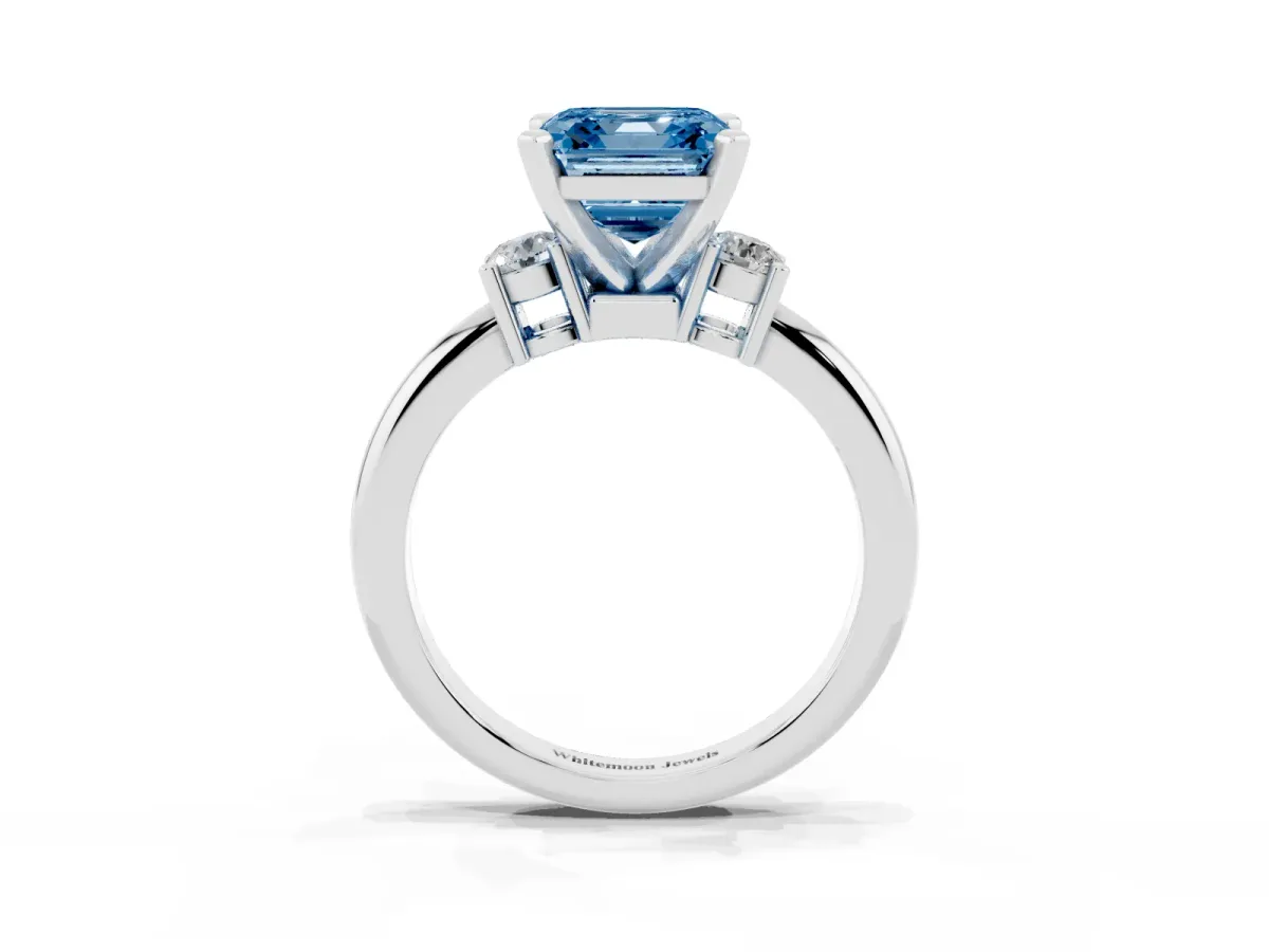 Fancy Blue Three-Stone Asscher Cut Cut Diamond Solitaire with Prong Setting and Classic Band Silver