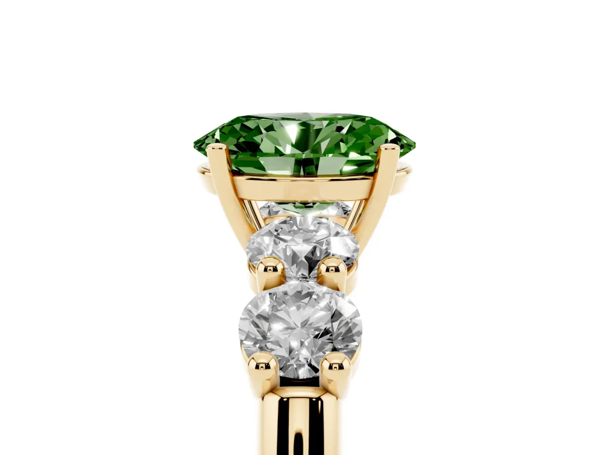 Fancy Green Oval Cut Cut Five-Stone Prong Set Diamond Ring with Classic Band Yellow gold
