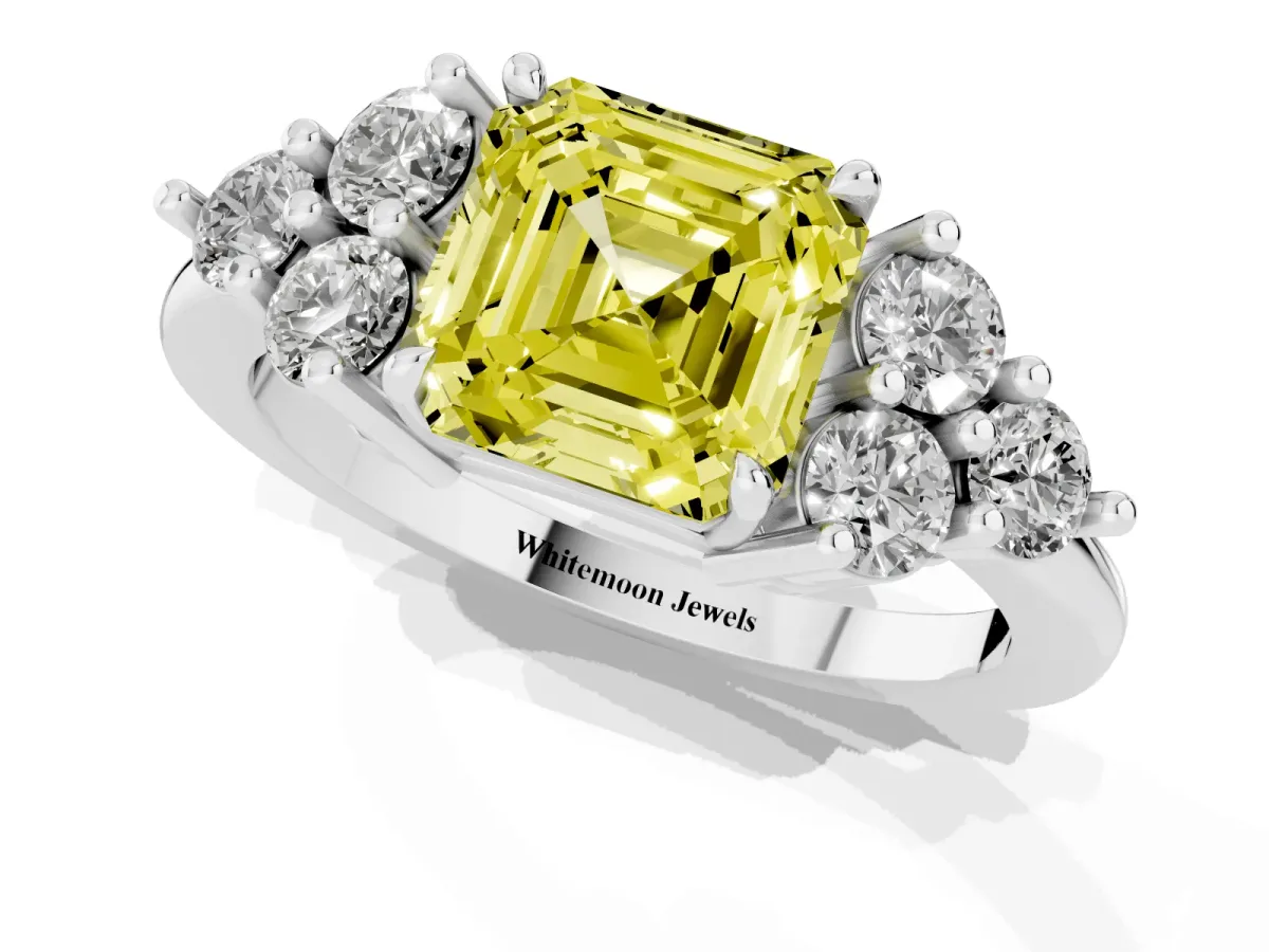 Fancy Yellow Asscher Cut Brilliant Diamond Cluster Accent Solitaire Ring with Prong Setting Silver