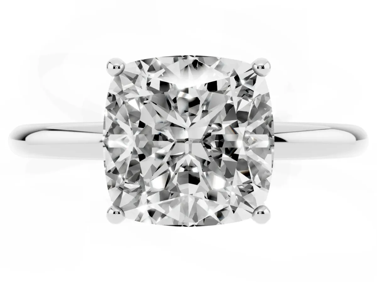 Cushion Cut Solitaire Diamond Ring with a Classic Band and Four-Prong Setting Silver