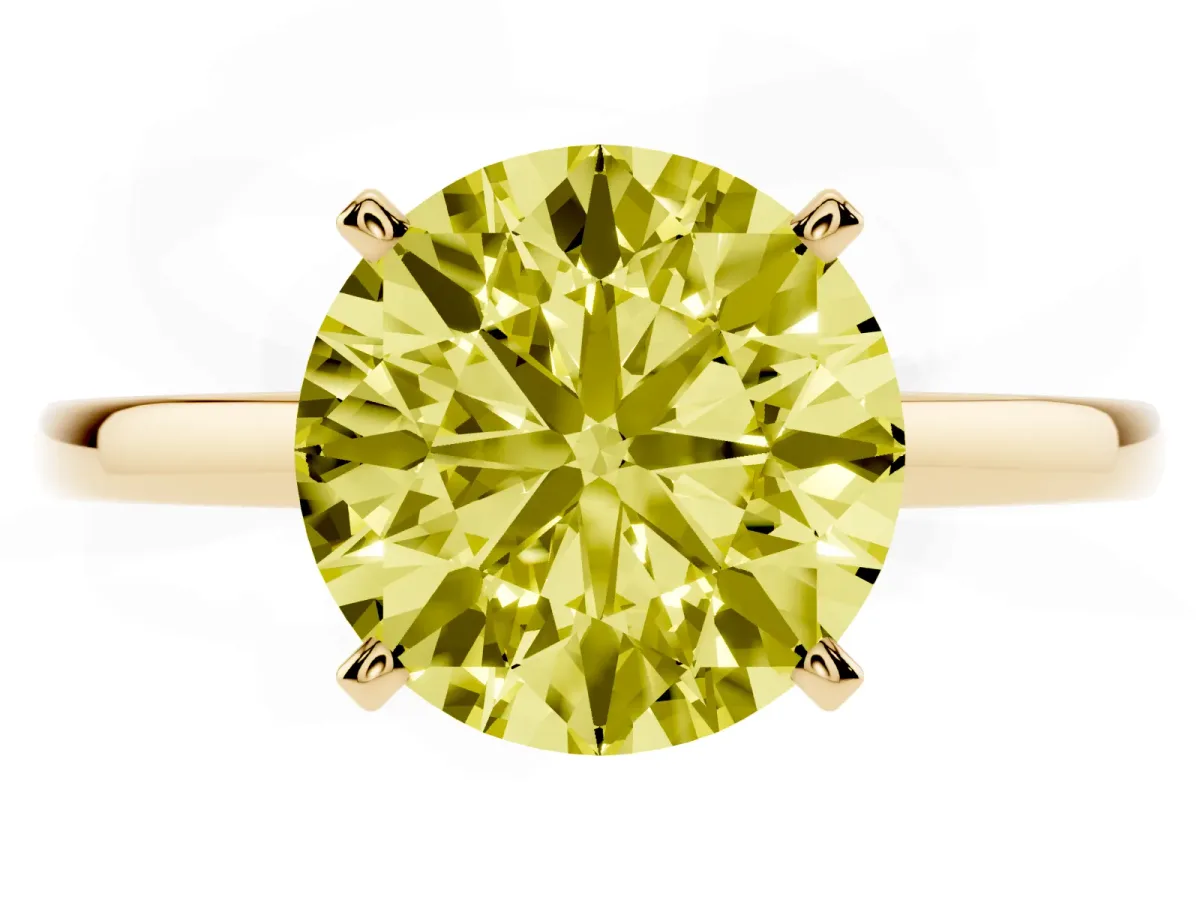 Fancy Yellow Round Cut Solitaire Diamond Engagement Ring with Four-Prong Setting on a Classic Band Yellow gold