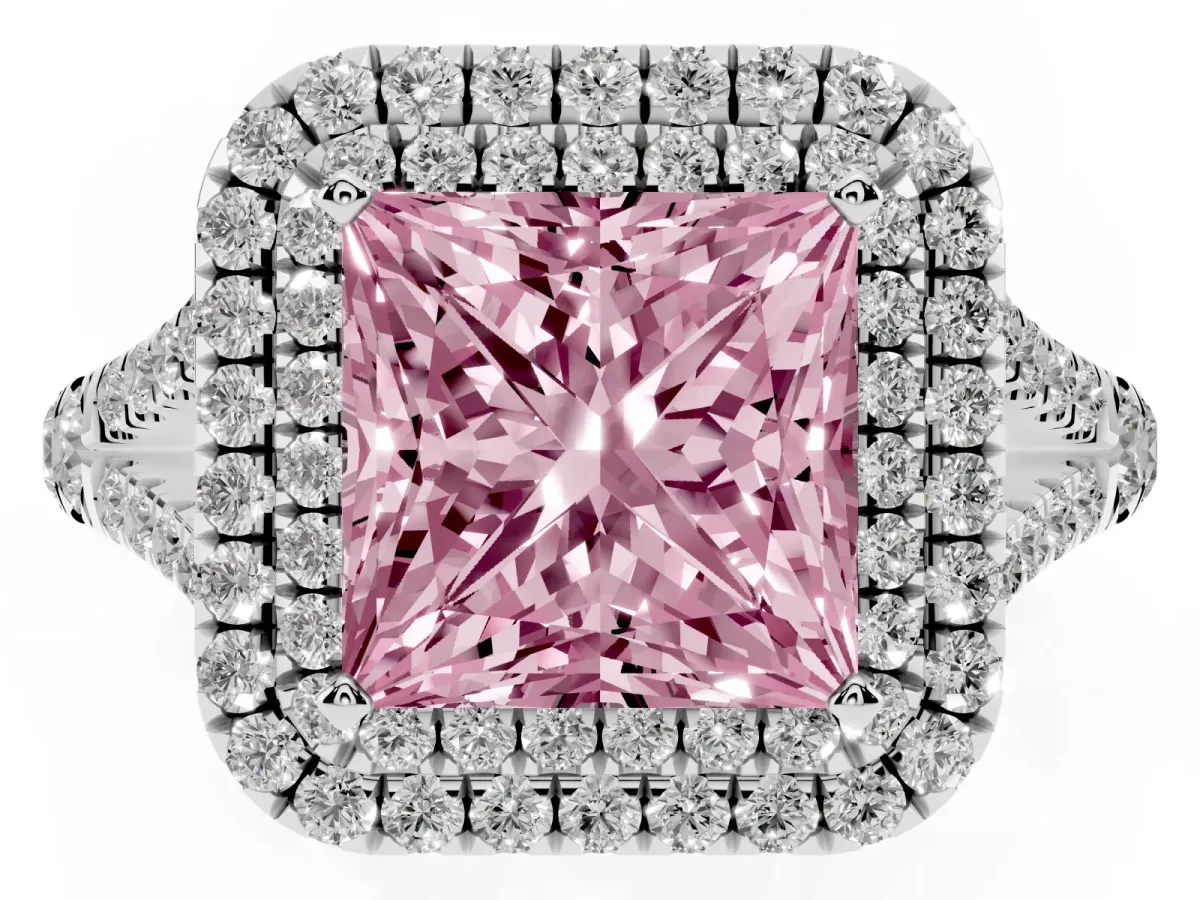 Fancy Pink Princess Cut Cut Double Halo Split Shank Diamond Ring with Prong Setting White gold
