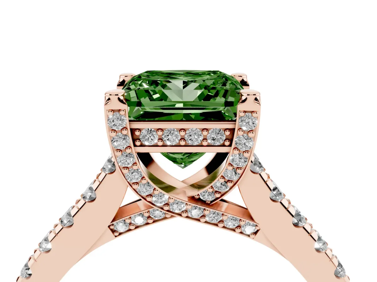 Fancy Green Princess Cut Brilliant Diamond Solitaire with Pavé Band and Four-Prong Setting Rose gold