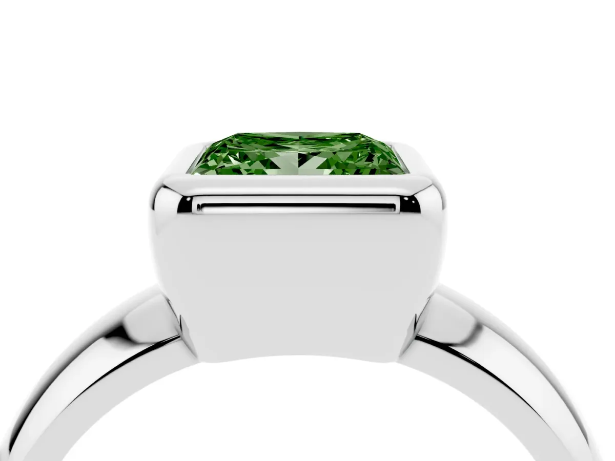 Fancy Green Bezel Set Princess Cut Solitaire Ring with Wide Band Platinum
