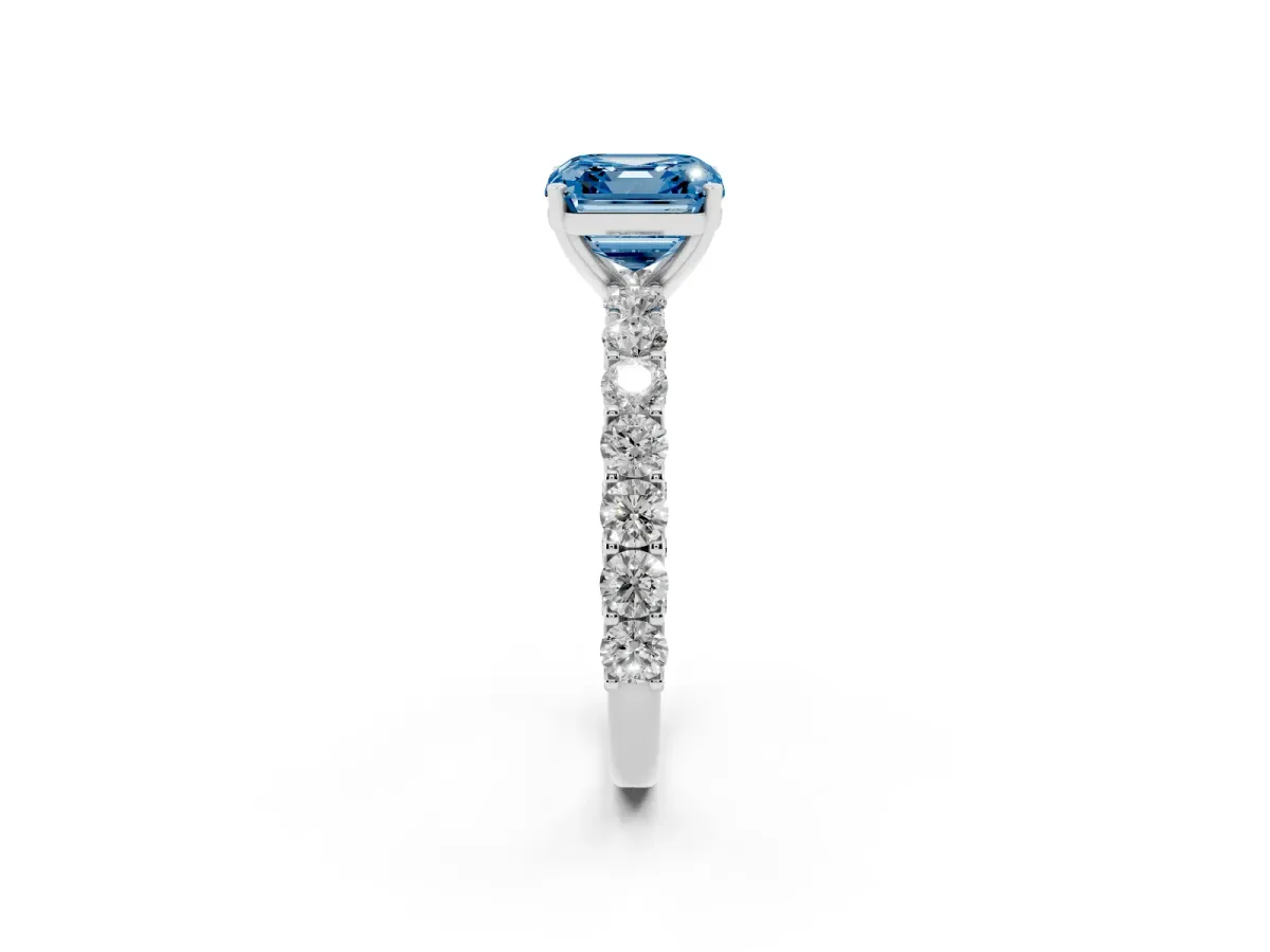 Fancy Blue Asscher Cut Diamond Solitaire Ring with Shared Prong Pavé Band and Four-Prong Setting Silver