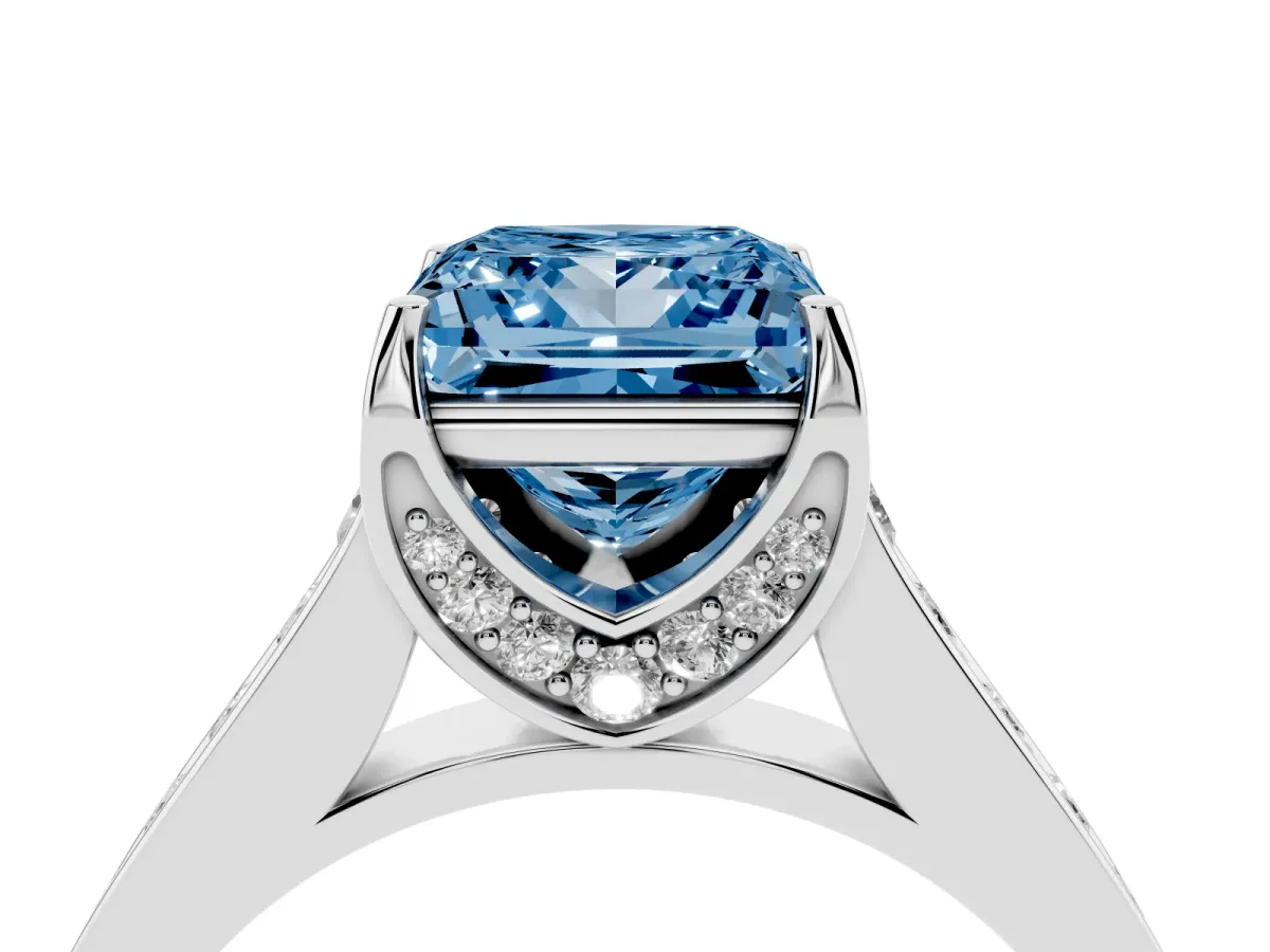 Fancy Blue Princess Cut Brilliant Cut Diamond Engagement Ring with Pavé Band and Four-Prong Setting Platinum