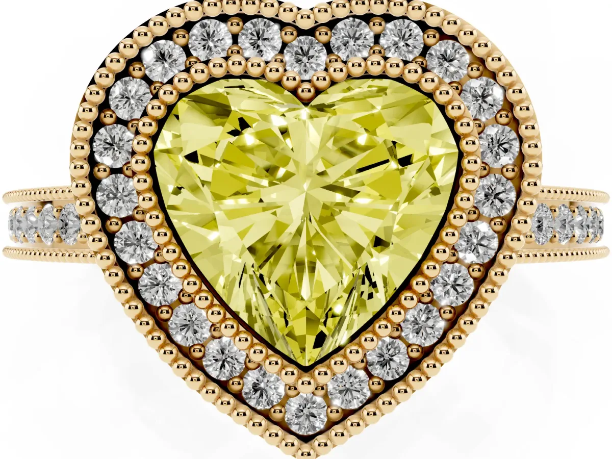 Fancy Yellow Heart Cut Cut Halo Diamond Ring with Pavé Band and Milgrain Prong Setting Yellow gold