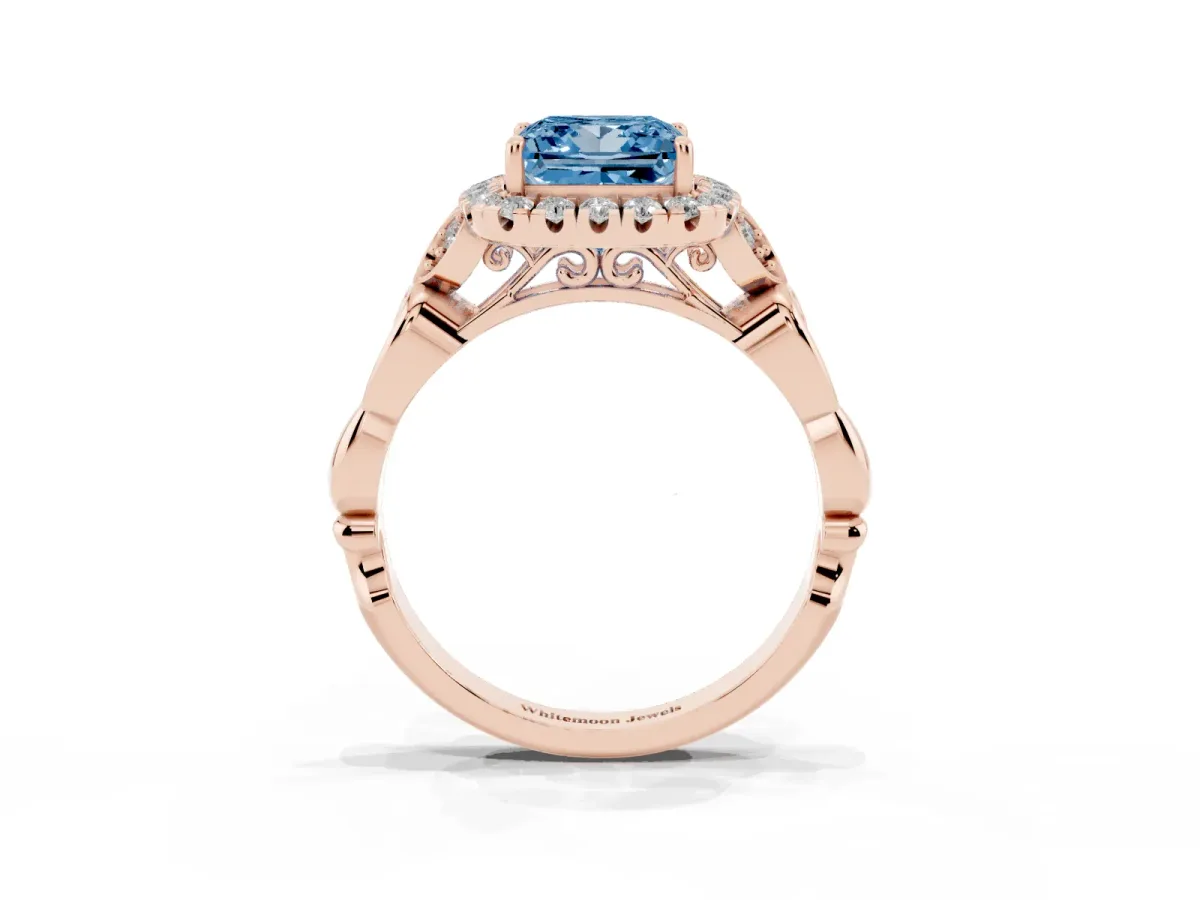 Fancy Blue Princess Cut Halo Diamond Engagement Ring with Vintage-Inspired Band and Four-Prong Setting Rose gold