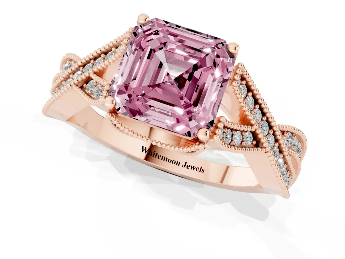Fancy Pink Asscher Cut Cut Diamond Twisted Band with Milgrain Pave Setting and Four-Prong Setting Rose gold