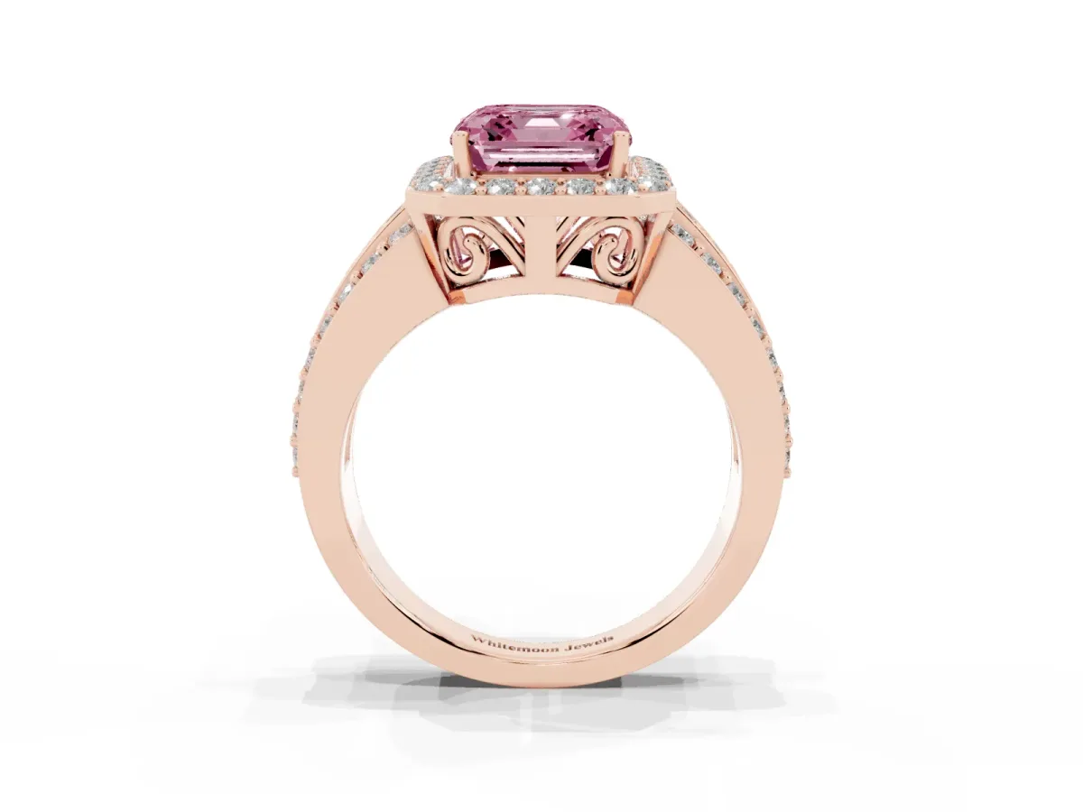 Fancy Pink Asscher Cut Halo Diamond Ring with Round Split Shank and Prong Setting Rose gold
