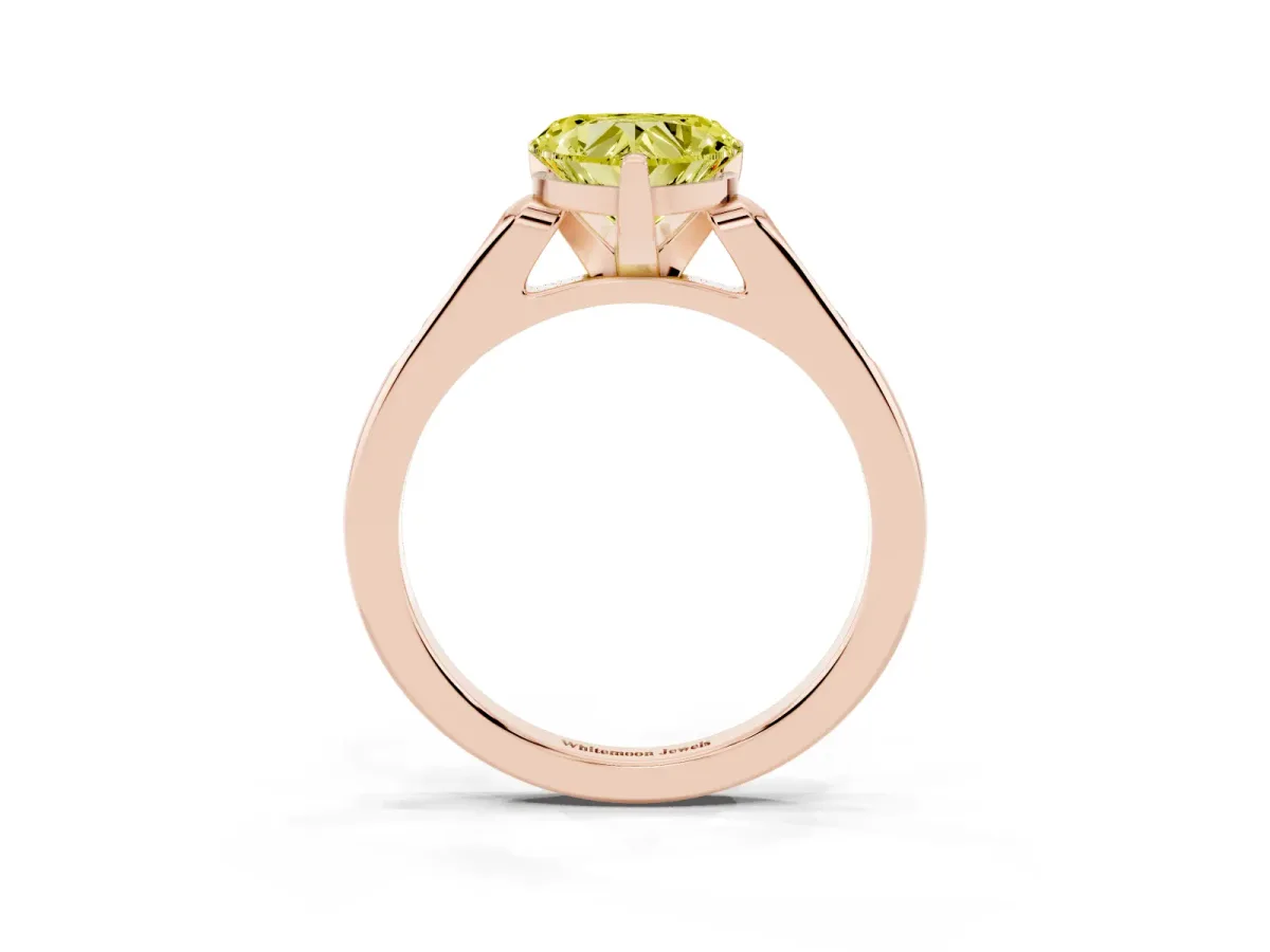 Fancy Yellow Heart Cut Diamond Solitaire Ring with Channel Set Round Band and Prong Setting Rose gold