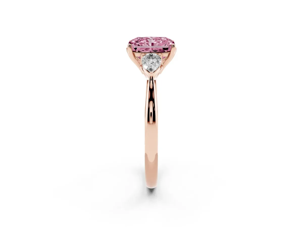 Fancy Pink Three-Stone Radiant Cut Brilliant Diamond Solitaire Ring with Tapered Band and Four-Prong Setting Rose gold