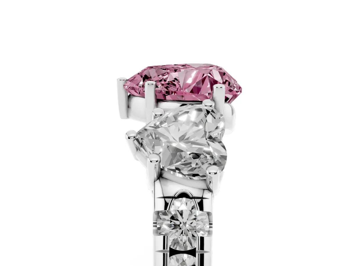 Fancy Pink Three-Stone Heart Cut Diamond Pavé Band with Prong Setting Silver