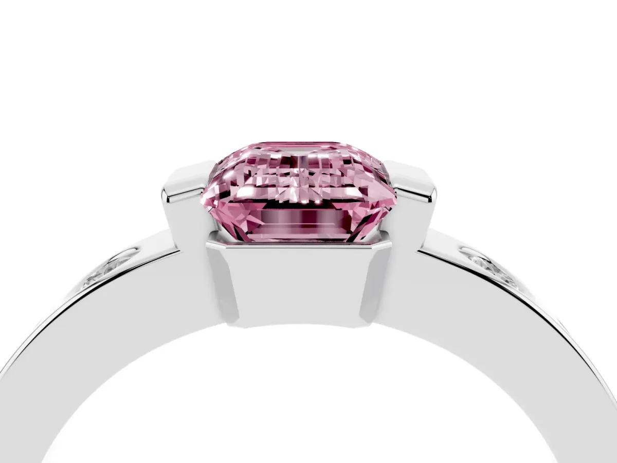 Fancy Pink Emerald Cut Brilliant Channel-Set Diamond Ring with Bezel Prong Setting Platinum