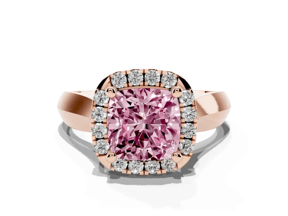 Fancy Pink Cushion Cut Cut Halo Solitaire Engagement Ring with Square Band and Four-Prong Setting Rose gold