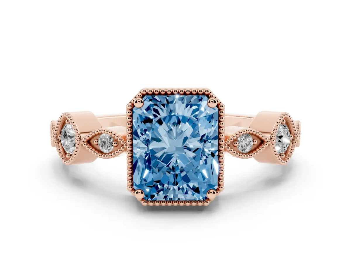 Fancy Blue Radiant Cut Diamond Vintage Milgrain Ring with Round Stations Rose gold