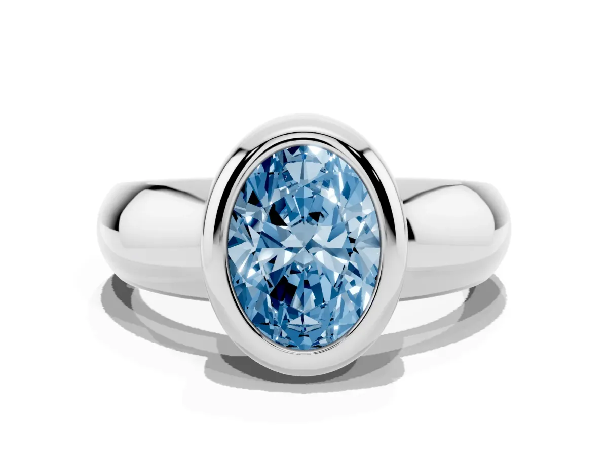 Fancy Blue Bezel Set Oval Cut Solitaire Ring with Wide Band Platinum