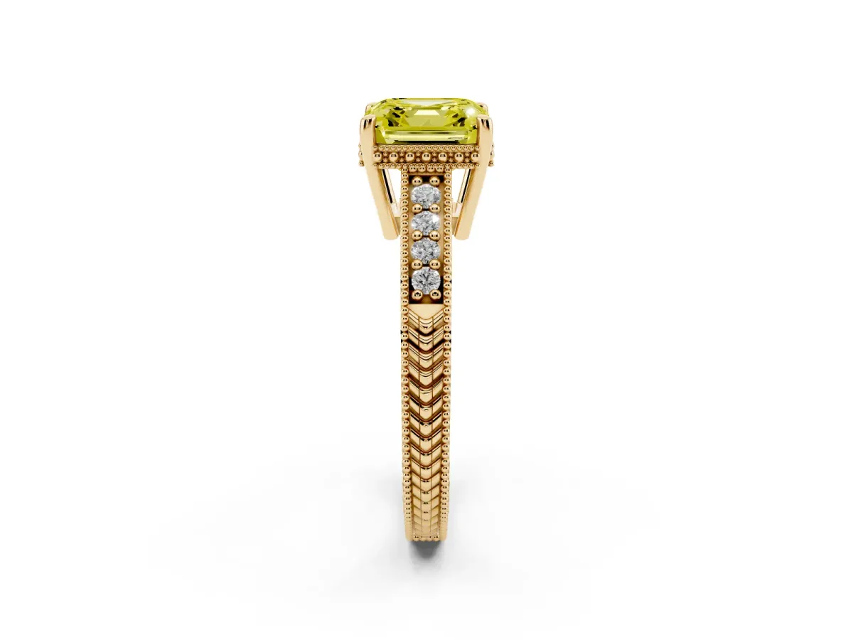 Fancy Yellow Asscher Cut Solitaire Pavé Diamond Milgrain Engagement Ring with Four-Prong Setting Yellow gold