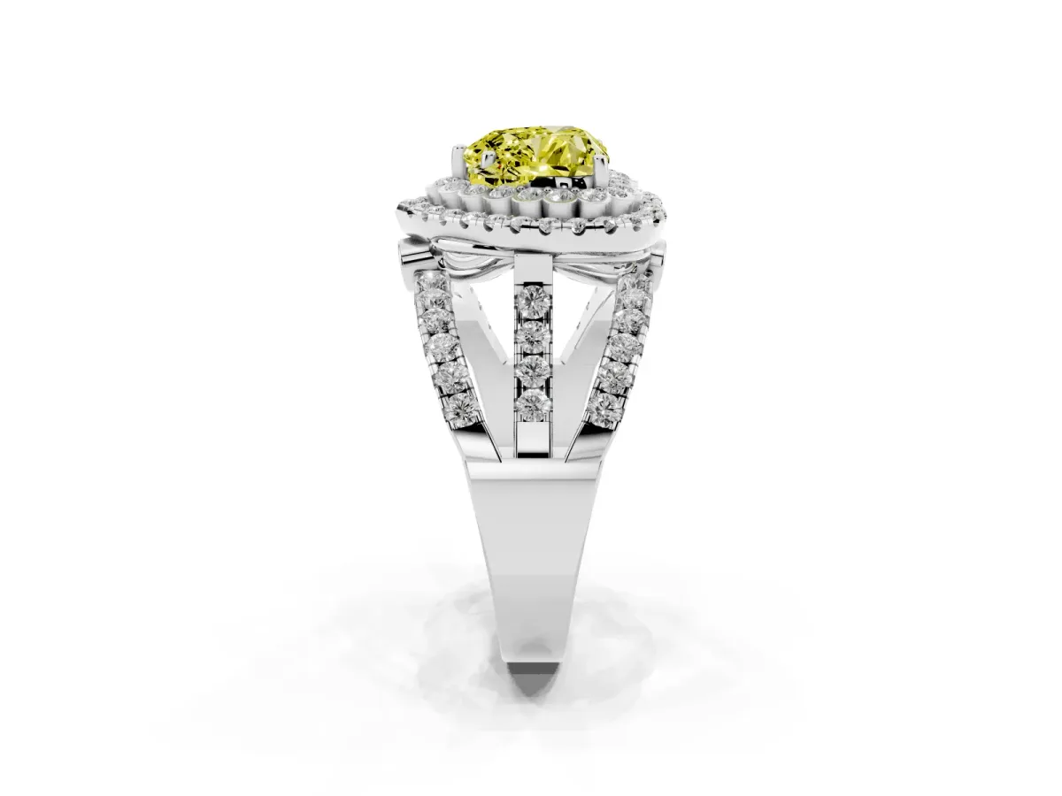 Fancy Yellow Heart Cut Diamond Double Halo Ring with Round Pavé Split Shank and Prong Setting Silver