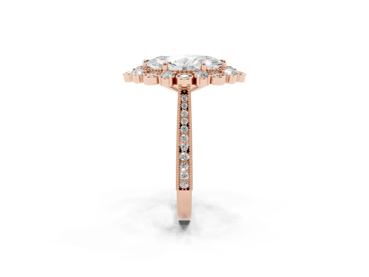 Marquise Cut Halo Milgrain Pave Diamond Ring with Four-Prong Setting Rose gold