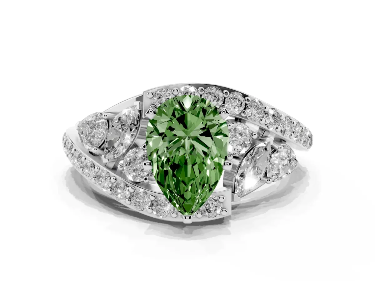 Fancy Green Pear Cut Diamond Halo Ring with Marquise and Pavé Band in Prong Setting Silver