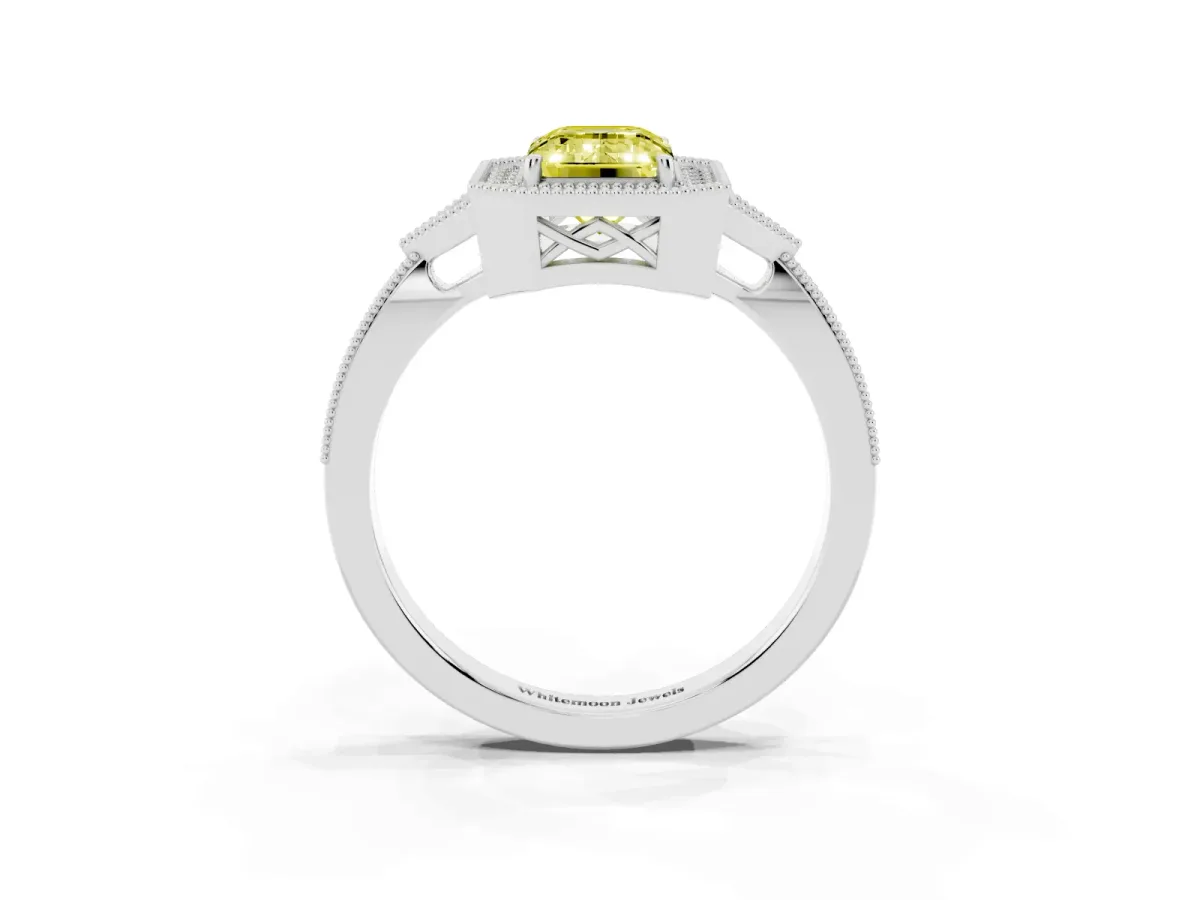 Fancy Yellow Emerald Cut Halo Round Diamond Milgrain Pave Engagement Ring Silver