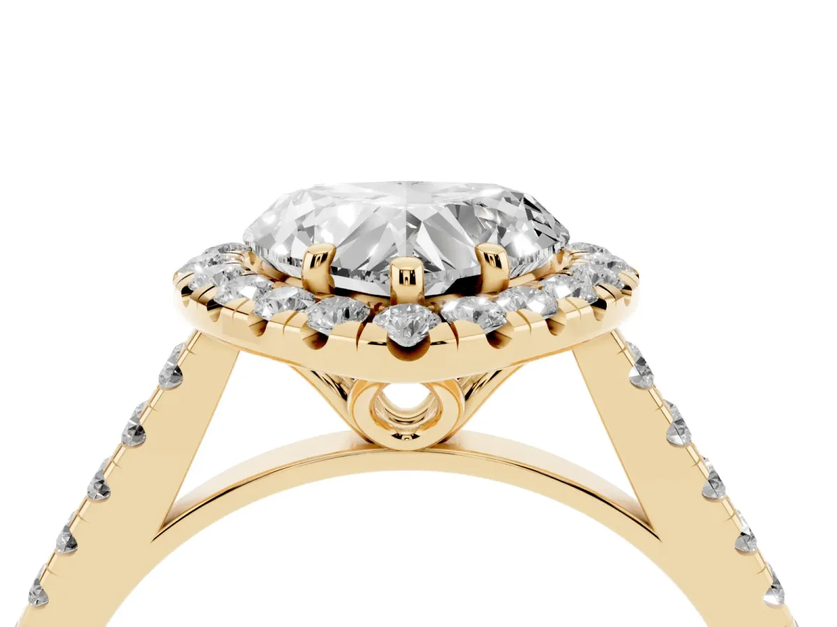 Heart Cut Halo Pavé Diamond Engagement Ring with Four-Prong Setting Yellow gold