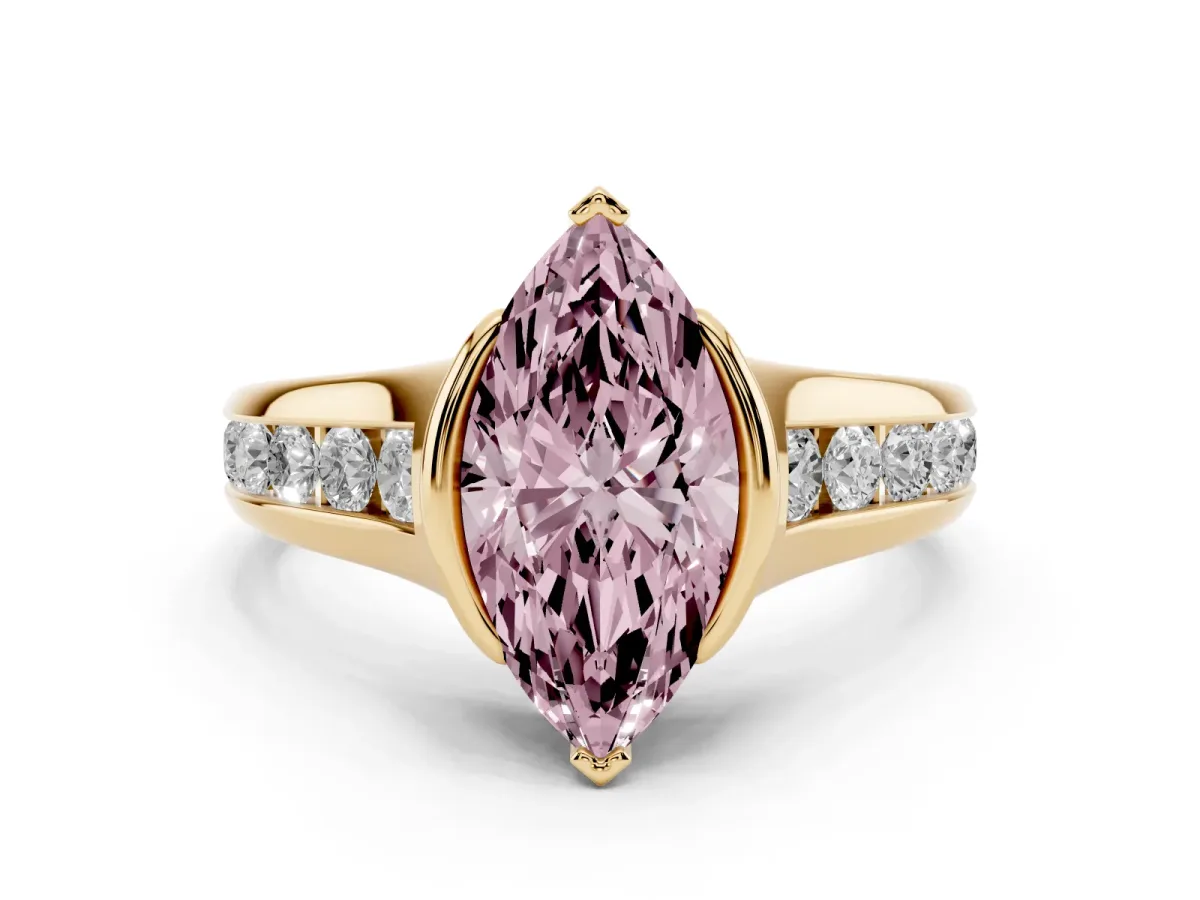 Fancy Pink Marquise Cut Solitaire Bezel-Set Diamond Ring with Channel-Set Band Yellow gold