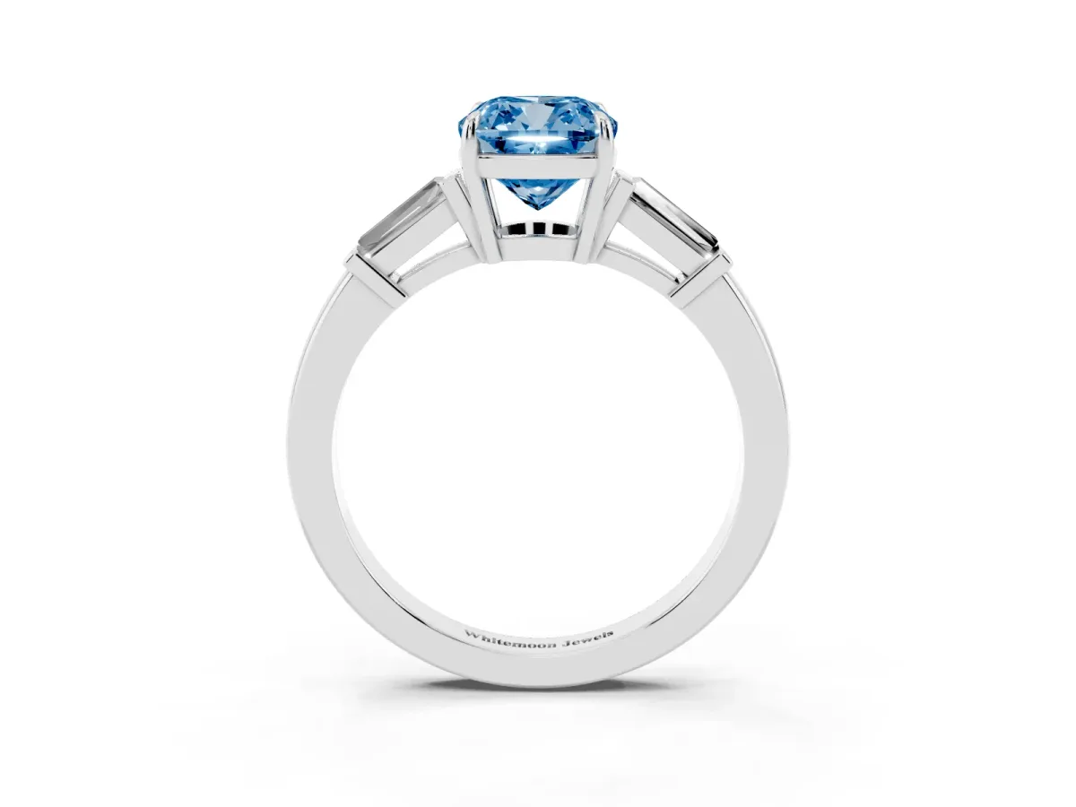 Fancy Blue Cushion Cut Diamond Three-Stone Ring with Tapered Baguette Side Stones and Prong Setting Silver