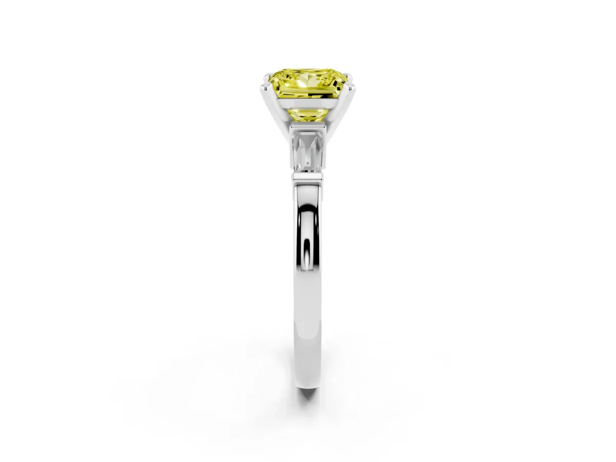 Fancy Yellow Princess Cut Cut Diamond Solitaire Ring with Tapered Baguette Accents and Four-Prong Setting Silver