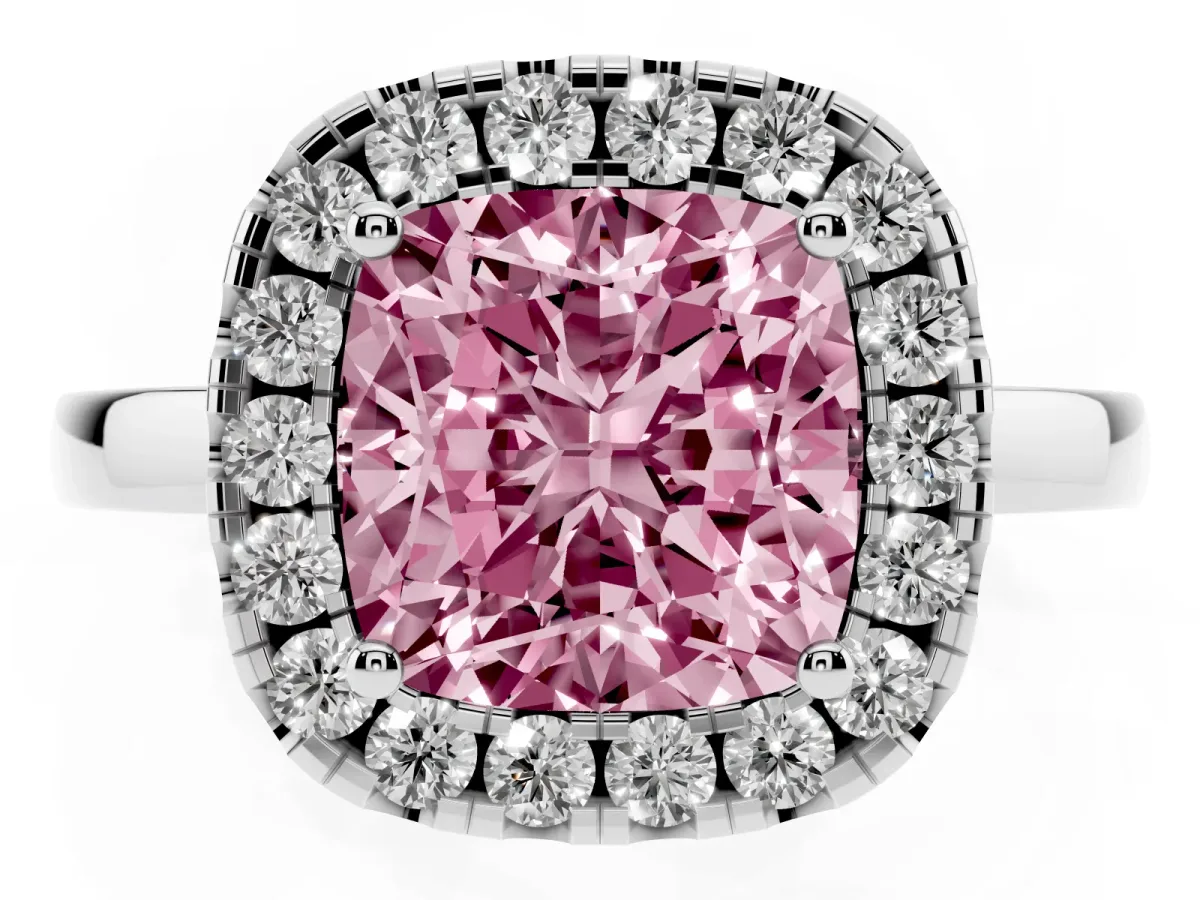 Fancy Pink Cushion Cut Halo Diamond Solitaire with Pavé Band and Four-Prong Setting White gold
