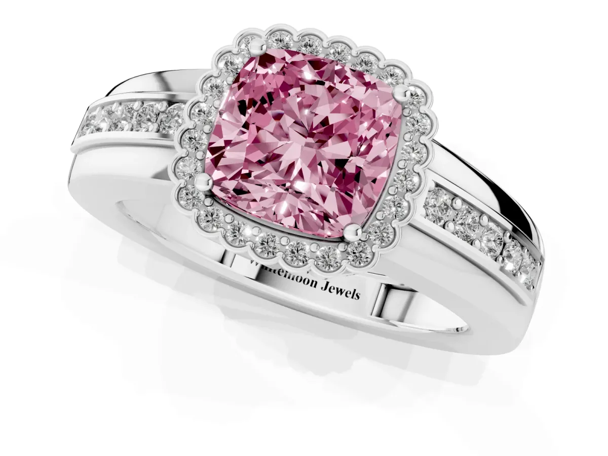 Fancy Pink Cushion Cut Cut Halo Pave Band Four-Prong Ring Silver